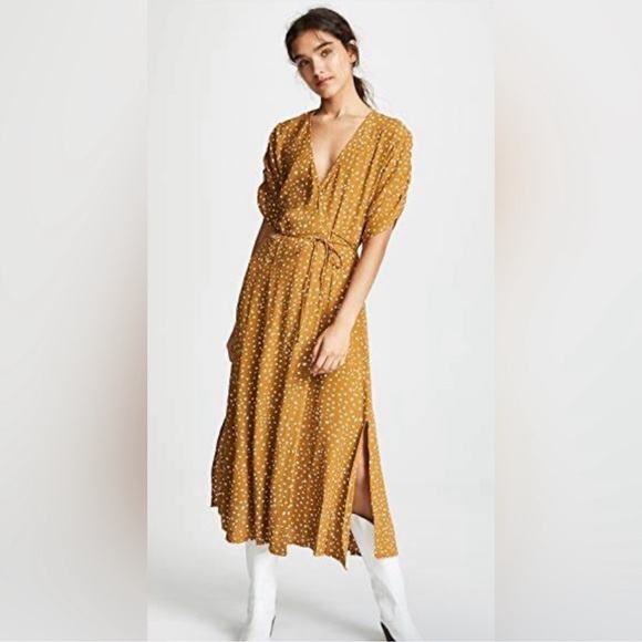 Faithful The Brand Dress Chiara Midi Wrap Polka Dot Casual Chic Boho Caramel 4 - Picture 1 of 11